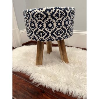 Indo Upholstered Geometric Cloth Round Footstool (14" x 14" x 17")