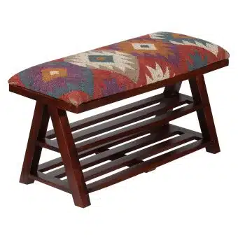 Indo Handmade Kilim Upholstered Bench with Shelves (12.5" x 16" x 30")