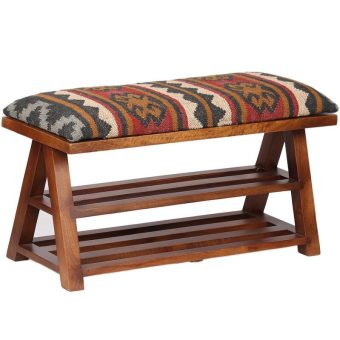 Indo Handmade Kilim Upholstered Bench with Shelves (12.5" x 16" x 30")
